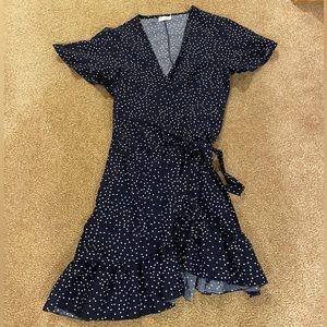 Amazon Navy Short Sleeve Polka Dot Wrap Mini Dress